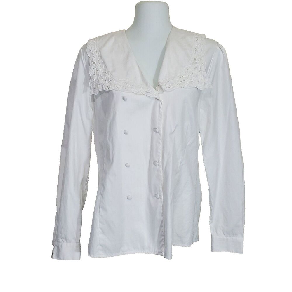 Vintage Laura Ashley White Blouse 12 Top Cotton Lace Double Breasted Collar
